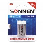 Батарейка SONNEN Alkaline, Крона (6LR61, 6LF22, 1604A), алкалиновая, 1 шт, в блистере, 451092