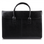 Портфель-сумка женский из натуральной кожи, на молнии, 380х280х80мм, тиснение "крокодил", черн,8-095