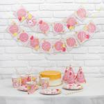 Набор бумажной посуды "С днём рождения 2 годика", 6 тарелок, 6 стаканов, 6 колпаков, 1 гирлянда, розовый