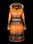 Пальто женское утепленное, пуховое  FANTAZIYA, оранжевый принт енот натуральный