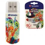 Флэш-диск 16GB VERBATIM Mini Tattoo Edition Phoenix USB 2.0, белый с рисунком, 49887