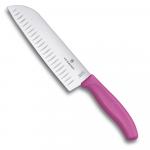 Нож Victorinox сантоку, лезвие 17 см рифленое, розовый, в картонном блистере