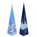 Свеча парафиновая "Зимовье", пирамидка синяя с ручной росписью, 23см, 2 дизайна