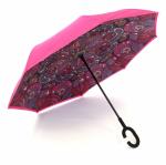 Зонт-наоборот антизонт с кнопкой Хохлома розовый