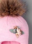 Шапка-шлем вязаная для девочки с НАТУРАЛЬНЫМ помпоном, цветы, розовый