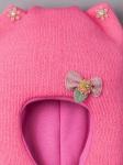 Шапка-шлем вязаная для девочки, на ушках цветочки, бантик, темно-розовый
