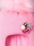 Шапка-шлем вязаная для девочки с помпоном, темная розочка, бусинка, розовый