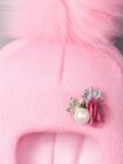 Шапка-шлем вязаная для девочки с помпоном, темная розочка, бусинка, светло-розовый