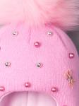 Шапка-шлем вязаная для девочки с помпоном, украшена бусинками, бантик, лавандово-розовый