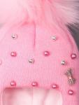Шапка-шлем вязаная для девочки с помпоном, украшена бусинками, бантик, розовый