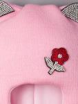 Шапка-шлем вязаная для девочки, с ушками, красный цветочек из страз, светло-розовый