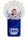 Зимний конверт-одеяло на выписку "Империя" синий с молочным кружевом и большой короной на липучке без пледа