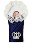 Зимний Конверт-одеяло на выписку "Императорский" (темно-синий с молочным кружевом и большой короной на липучке)