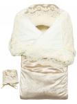 Зимний Конверт-одеяло на выписку "Блюмарим" (бежевый с молочным кружевом и стразами на молнии)