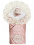 Конверт-одеяло на выписку "Империя" утренняя роза с молочным кружевом и большой короной на липучке