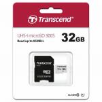 Карта памяти microSDHC 32GB TRANSCEND UHS-I U1, 95 Мб/сек (class 10), адаптер, TS32GUSD300S-A