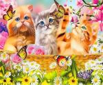 Котята в корзине среди цветов и бабочек
