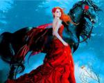 Ельфийка в красном и черный конь