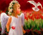 Ангелочек с голубем в поле тюльпанов