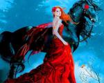 Эльфийка в красном платье и черный конь