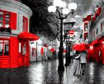 Милая пара под красным зонтом на вечерней прогулке