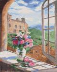 Букет роз и лилий на окне замка