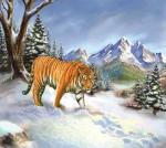 Амурский тигр на фоне гор
