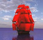 - Корабль с красными парусами в тихом океане
