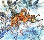 Тигр с добычей в зимнем лесу