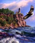 Орлан над морем на фоне маяка
