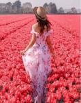 Девушка в поле алых тюльпанов