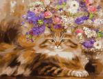 Пушистый котик под букетом цветов