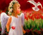 Ангелочек и белый голубь среди тюльпанов