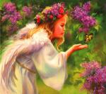 Девочка-ангел среди сирени с бабочкой