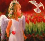 Девочка-ангелок с бабочкой среди тюльпанов