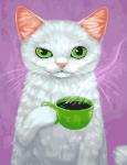 Белая кошечка с чашкой кофе