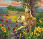 Два волка среди весенних цветов