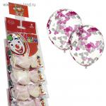 Шар латексный на стрип ленте 12 Прозрачный с конфетти бумага сердца, белые розовые, 2 шт