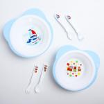 Набор детской посуды: тарелка на присоске 250мл, вилка, ложка, цвет голубой МИКС
