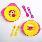 Набор детской посуды: тарелка на присоске 250мл, вилка, ложка, цвет желтый/розовый МИКС