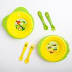 Набор детской посуды: тарелка на присоске 250мл, вилка, ложка, цвет желтый/зеленый МИКС