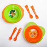 Набор детской посуды: тарелка на присоске 250мл, вилка, ложка, цвет зеленый/оранжевый МИКС