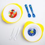 Набор детской посуды: тарелка на присоске 250мл, вилка, ложка, цвет желтый МИКС