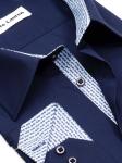 0196TEBS Темно-синяя однотонная мужская рубашка больших размеров с узорным подкроем