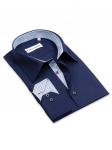 0196TEBS Темно-синяя однотонная мужская рубашка больших размеров с узорным подкроем