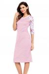Бело-розовое полосатое миди платье с цветочным принтом на рукавах