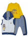 Комплект для мальчика из 3-х предметов: кофточка, штанишки и жилетка на кнопках с капюшоном.