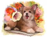 Веселый щенок среди цветов