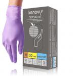 Перчатки виниловые фиолетовые 50пар (100штук) размер M (BENOVY)