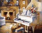 Белый рояль в комнате с камином